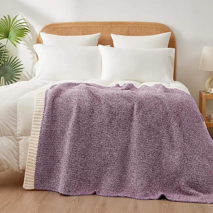 Snuggle Sac Super Soft Purple Blanket Reversible Twin Size for Bed and Sofa, Warm Cozy Knit Blankets Fuzzy Plush, Heather Purple, 60x80 inches