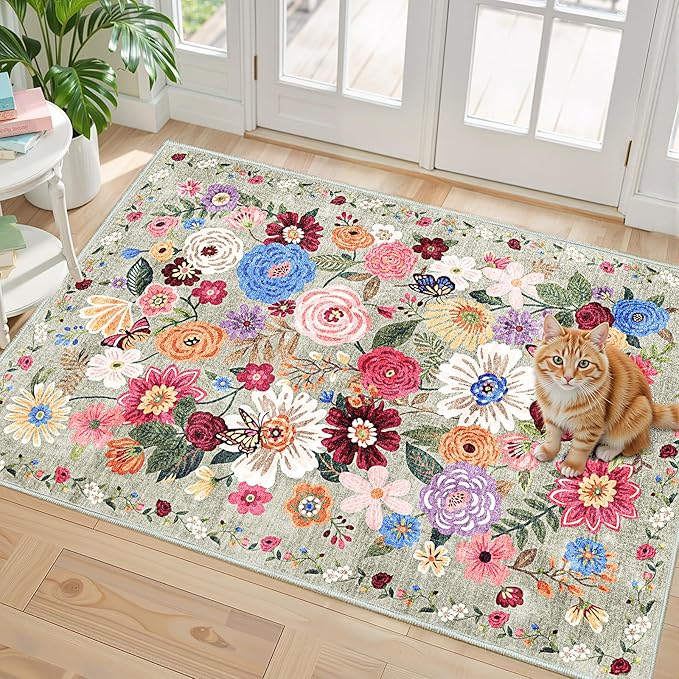 Floral Rug for Entryway, Green 2X3 Washable Kitchen Mat Ultra-Thin Soft, Non-Slip Indoor Door Carpet Stain Resistant Boho Small Low-Pile Throw for Bathroom Bedroom (Green Garden, 2 x 3)