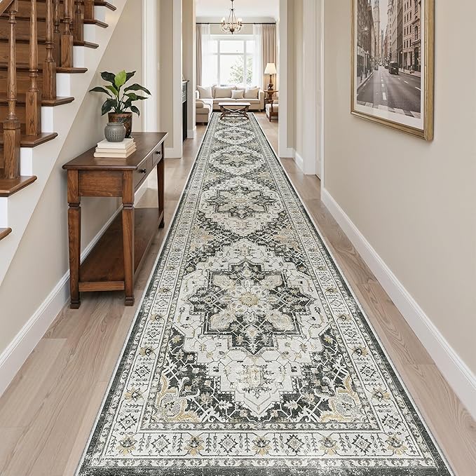 Madane 3x20 Hallway Runner Rug - Extra Long Carpet Runners for Hallways 20ft Non Slip Stain Resistant Rugs Runner for Living Room Bedroom 20 Feet Distressed Floor Carpet for Kitchen, Black