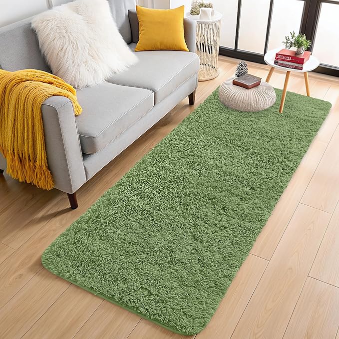OLANLY 2x8 Machine Washable Runner Rugs for Hallway, Soft Fluffy Shaggy Bedside Rugs for Bedroom, Living Room, Indoor Floor Carpet for Kids Girls and Boys, Home Decor Aesthetic, Green