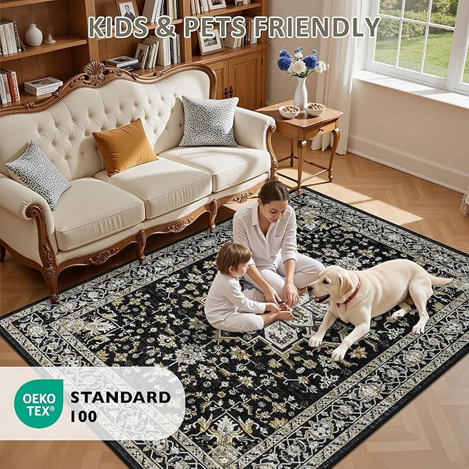 Area Rugs 10x12 Living Room Rug: Washable Rug Soft Vintage Boho Medallion Carpet Indoor Non-Slip Stain Resistant Large Carpets for Bedroom Dining Room Farmhouse Nursery Home Office Black Gold