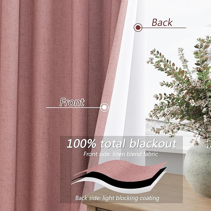 Guken 100% Blackout Curtains 90 Inch Length 2 Panels Set for Living Room Bedroom Back Tab Thermal Insulated Black Out Linen Drapes Room Darkening Window Curtains 90 Inches Long, Ash Rose
