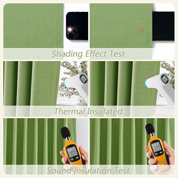 Guken 100% Blackout Curtains 84 Inch Length 2 Panels Set for Living Room Bedroom Back Tab Thermal Insulated Black Out Linen Drapes Room Darkening Lime Green,52x84