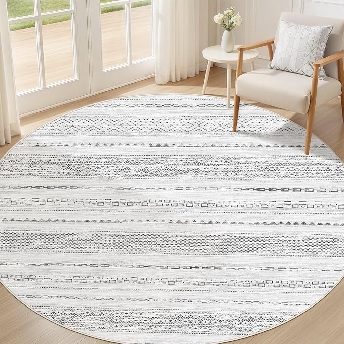 Nakagishi Round Rug Boho Area Rugs: 6x6 Washable Large Circle Neutral Soft Stain Resistant Non-Slip Carpet for Women Aged 25-45 Farmhouse Decor Enthusiasts - Living Room Bedroom Dining Room Nursery