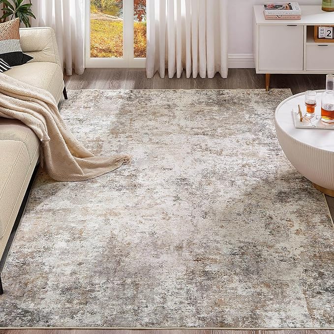 UERMEI 10x14 Area Rug Living Room Rugs - Washable Neutral Modern Abstract Soft Thin Large Rug Indoor Floor No Slip Rug Carpet for Bedroom Under Dining Table Home Office Decor - Brown Grey