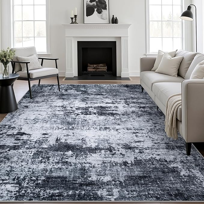 10x14 Area Rug Living Room Rug: Washable Modern Abstract Soft Thin Rug Indoor Floor No Slip Stain Resistant Carpet for Bedroom Dining Room Farmhouse Nursery Home Office - Black