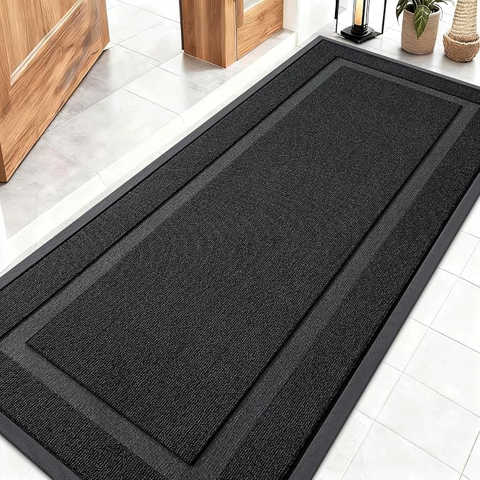 OLANLY Front Door Mat Indoor Outdoor Entrance, Waterproof All-Season, All-Weather Doormat, Sturdy Natural Rubber, Low Profile, Easy Clean Patio Porch Entryway Mat, 59x23, Jet Black