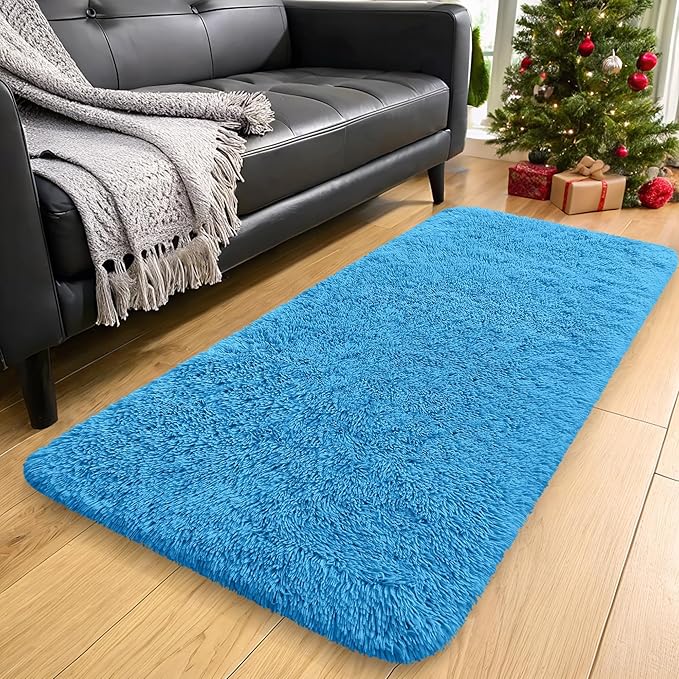 OLANLY 2x5 Machine Washable Runner Rugs for Hallway, Soft Fluffy Shaggy Bedside Rugs for Bedroom, Living Room, Indoor Floor Carpet for Kids Girls and Boys, Home Decor Aesthetic, Bright Blue