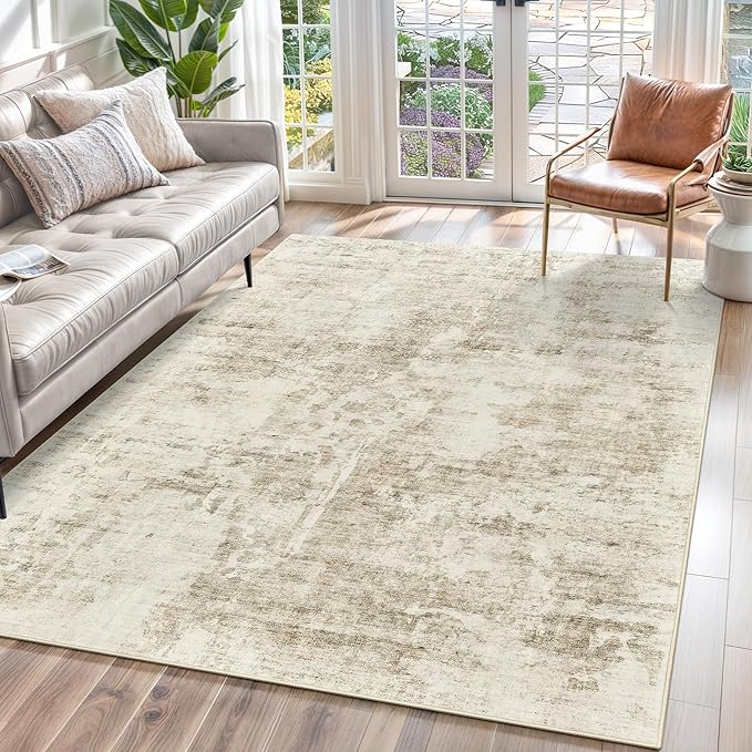Soalmost Abstract Rug 5x7 Machine Washable Area Indoor Beige Gray White Low Pile Non-Slip Foldable Thin Accent Rugs for Bedroom Living Room Dining Room Grey