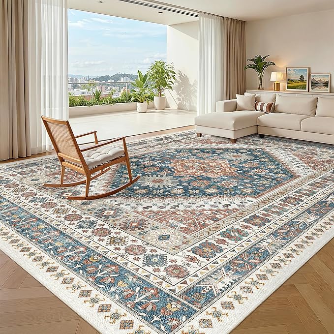 Madane Washable Rug 8x10 Area Rugs for Living Room, Ultra-Thin Non-Slip Backing Rug, Stain Resistant Vintage Large Area Rug for Bedroom (Navy Blue, 8'x10')