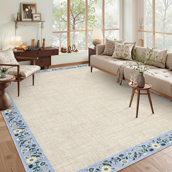 GarveeHome 10x13 Machine Washable Rugs for Living Room Large Area Rug Modern Floral Indoor Accent Carpet Low Pile Carpet Soft Throw Aesthetic Floor Cover for Bedroom Laundry Dining Room, Beige
