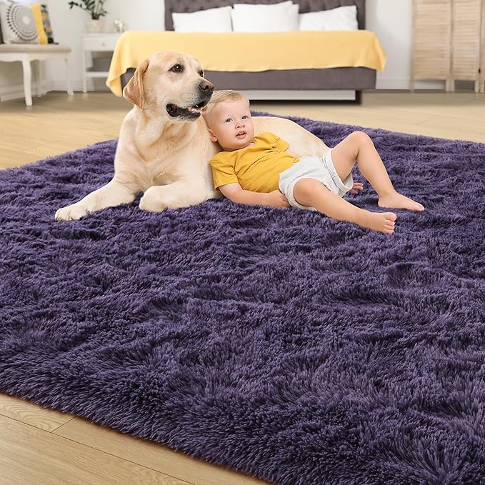 Tepook Fluffy Large Rugs for Living Room, Shag Area Rug 6x9 Soft Carpet for Bedroom, Modern Shaggy Rug for Kids Boys Girls, Plush Indoor Nursery Home Decor Rug with Non-Slip Bottom, Gray Purple