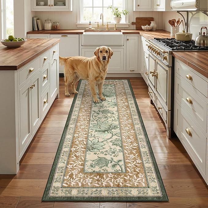 GarveeHome Terracotta Olive Sage Green Washable 6x9 Area Rugs, Botanical Grove Vintage Cottagecore Non-Slip Rug for Living Room Bedroom Nursery Kitchen Low-Pile Retro Large Carpet