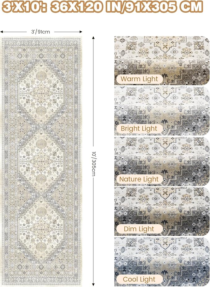 3x10 Runner Rug Non Slip Washable for Entryway, Front Porch, Vintage Hallway Runner for Laundry Room, Bedroom, Stain Resistant Thin Indoor Kitchen Mats for Floor(Beige,3'x10')