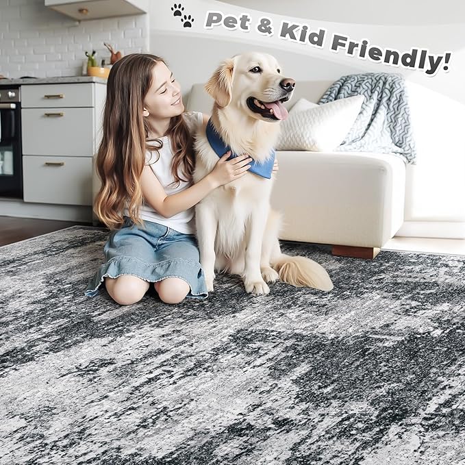 Area Rugs 10x14 Living Room: Washable Rug Modern Abstract Neutral Soft Non-Slip Low-Pile Indoor Large Carpet for Bedroom Dining Room Playroom Home Office (Black Grey, 10'x14')