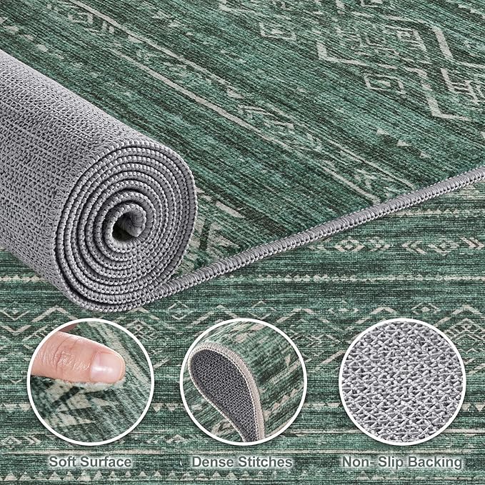 Nakagishi 6x9 Area Rugs Living Room: Washable Boho Large Neutral Soft Farmhouse Rug Stain Resistant Modern Indoor Floor Non-Slip Carpet for Bedroom Nursery Kids Playroom Office Dining Room Dorm- Green