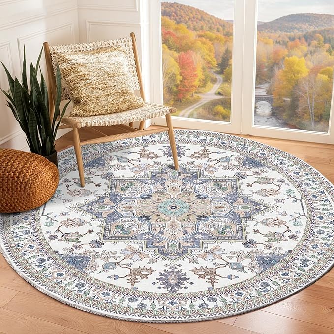 OPPODREAM Soft Round Rug 6ft, Washable Circle Rug 6ft with Non Slip Backing Play Room, Low-Pile Carpet 6 ft, Faux Cashmere Throw Carpet, Purple & Green & Cream