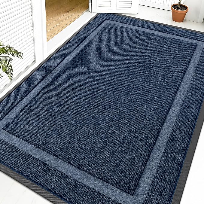 OLANLY Front Door Mat Indoor Outdoor Entrance, Waterproof All-Season, All-Weather Doormat, Sturdy Natural Rubber, Fade Resistant, Low Profile, Easy Clean Patio Porch Entryway Mat, 59x40, Blue