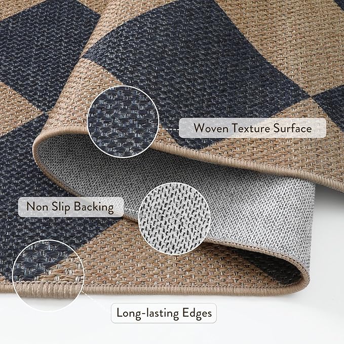 Lahome Colette Checkered Easy Jute Washable Rug, 5x7 Area Rugs for Living Room Nature Large Dining Room Carpet, Farmhouse Geometric Non Slip Indoor Outdoor Carpet for Office Bedroom Backyard Patio