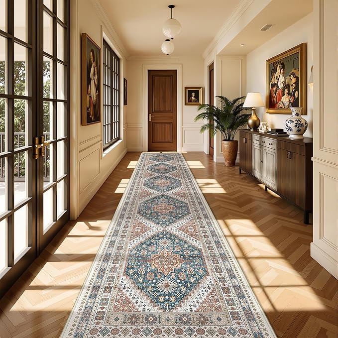 Washable Runner Rug 2.5x16, Non-Slip Long Kitchen Mats for Floor, Vintage Rug for Entryway, Soft Hallway Runner for Dining Room, Bedroom, Living Room(Blue/Red,2.5'x16')