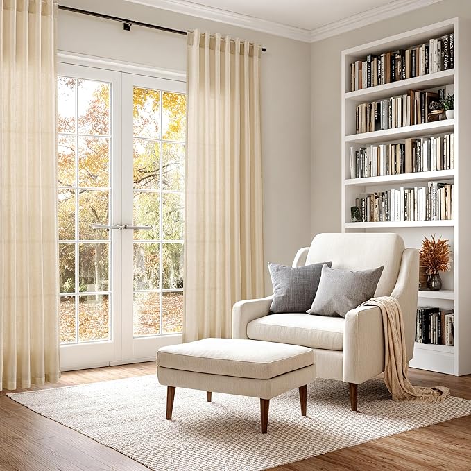 Extra Long Curtains 102 Inches Long for Living Room Tan Back Tab Rod Pocket Light Filtering Semi Sheer Drapes Cotton Linen Textured Window Curtain for Bedroom 9 FT,2 Panels