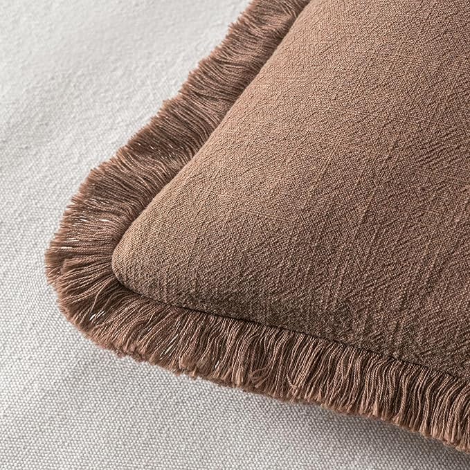 MIULEE Decorative Throw Pillow Covers Neutral Linen Fringe Throw Pillows Euro Shams Set of 2 Dark Coffee Boho Farmhouse Cushion Covers for Couch Sofa Bed Living Room Spring Home Decor 26x26 Inch