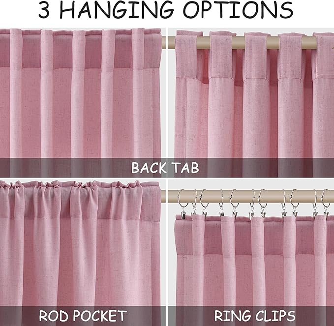Rose Linen Curtains 84 Inch Long 2 Panel Set with Back Tab Rod Pocket Light Filtering Privacy Semi Sheer Textured for Neutral Farmhouse Style Bedroom and Living Room 52x84
