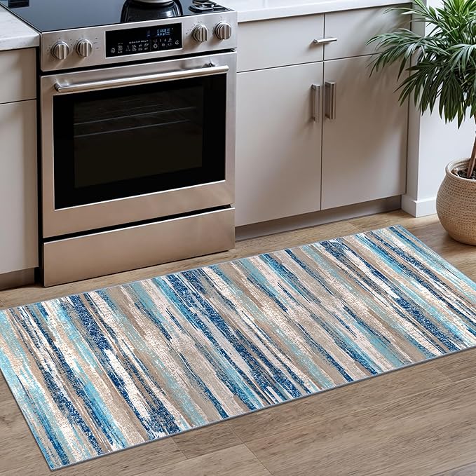 Lansny Modern Abstract Runner Rug 2x5, Blue Washable Entryway Kitchen Runner Non-Slip Soft Hallway Rug Runner Thin Print Faux Wool Carpet for Bedroom Laundry Room Indoor