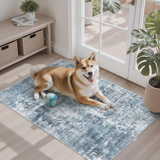 Soalmost 2x3 Abstract Washable Rugs for Kitchen, Floor, Entryway, Powder Room Small Area Rug Non-Slip Vintage Rug Low Pile Throw Door Mat Blue