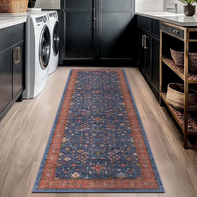 Hazo Haus Navy Blue Runner Rug 2x7 for Kitchen, Hallway, Mudroom, Laundry Room, Bathroom, Washable Non Slip Non Skid Rubber Backing Low Pile Stain Resistance