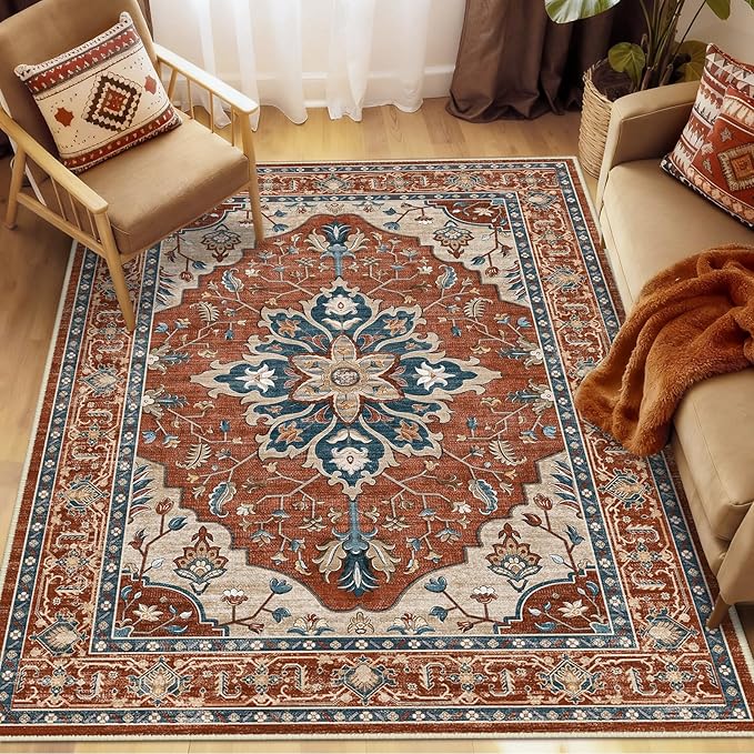 Area Rugs 5'x7' Washable Non-Slip, Floral Vintage Distress Print Pattern Medallion Carpet for Living Room Bedroom Dining Room, Red Orange Blue Brown