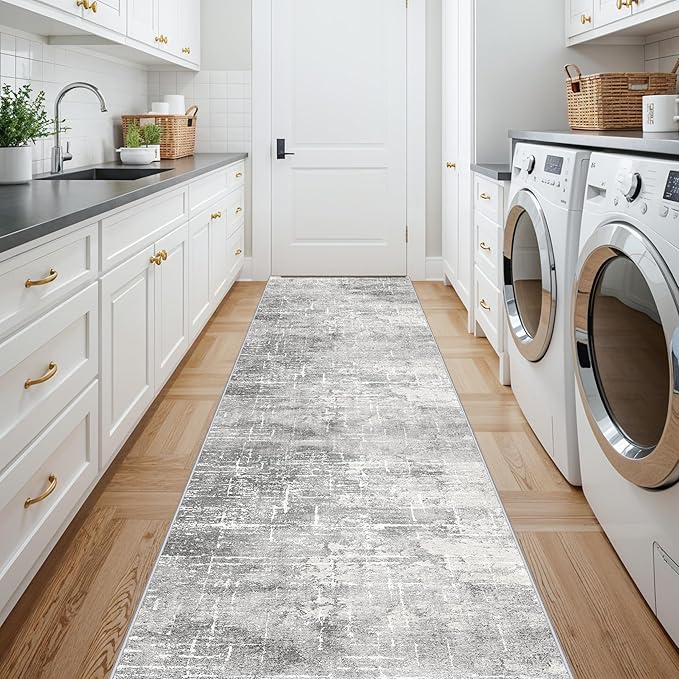2'6x14 Abstract Kitchen Area Rugs: Farmhouse Washable Non-Slip Long Hallway Rug Soft Stain-Resistant Entryway Bathroom Floor Mat Low-Pile Nursery Living Room Bedroom Carpet(2'6x14,Light/Grey)