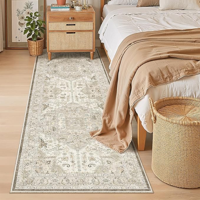 Madane Hallway Runner 3x8, Kitchen Rugs Washable Entryway Rug Vintage Kitchen Runners Non Slip Indoor Area Rug Farmhouse Carpet Runner for Bathroom Living Room Bedroom (3 X 8, Ivory/Brown)