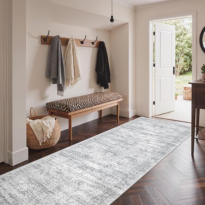 3x8 Runner Rug Non Slip Washable for Entryway, Vintage Hallway Runner for Front Porch, Laundry Room, Bedroom, Abstract Stain Resistant Thin Indoor Kitchen Mats for Floor(3'x8', Grey/Ivory)