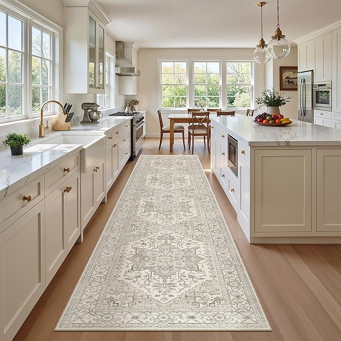 Madane Hallway Runner Rug 2'6''x12', Non Slip Vintage 12ft Runners for Hallways Washable Kitchen Rugs Soft Low Pile 2.5x12 ft Rug Runner for Laundry Room, Entryway and Bedroom, Beige/Brown
