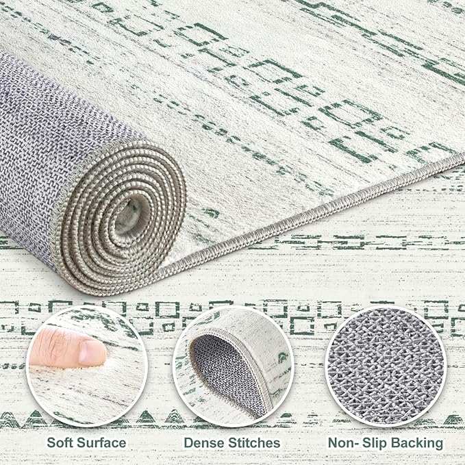 Nakagishi Green Rug Living Room Rugs: 8x10 Washable Boho Large Neutral Soft Farmhouse Stain Resistant Modern Non Slip Indoor Floor Carpet for Bedroom Nursery Kids Playroom Office Dining Room Home