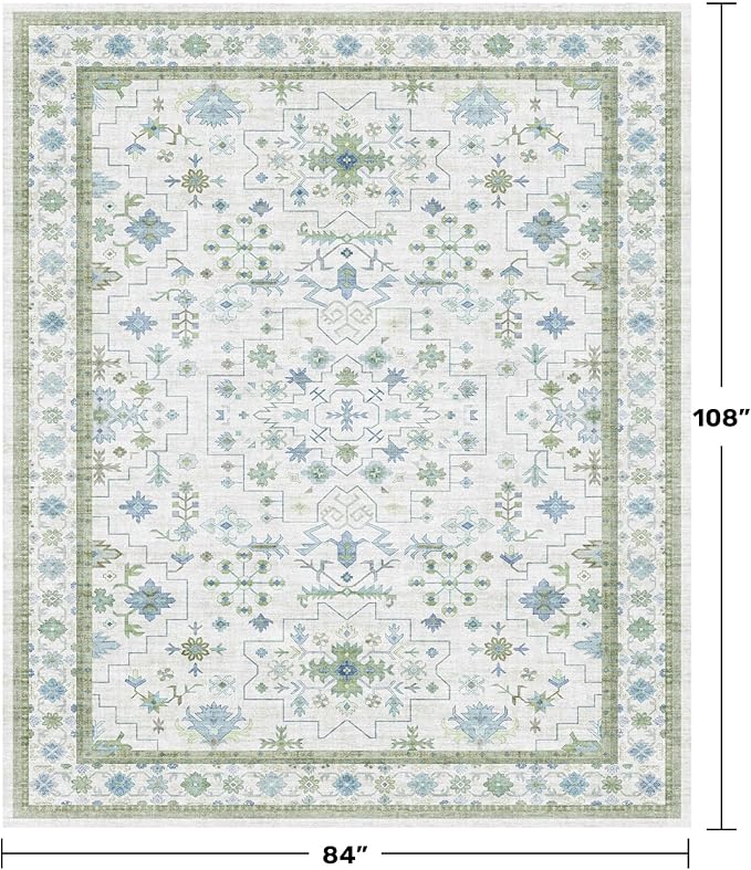 Hazo Haus Cream Oushak 7x9 Bedroom Rug - Boho Floral Cool Blue and Green, Washable Low Pile Non-Slip Ultra-Thin Large Area Rugs for Playroom, Bed Room, Living Room