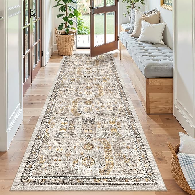 Madane Runner Rug 2'6''x8' Kitchen Runner, Hallway Runner Printed Vintage Washable Rugs Soft Non-Slip Low Pile 2.5x8 ft Runners for Hallways Laundry Room Rug Distressed Rug, Brown/Gold