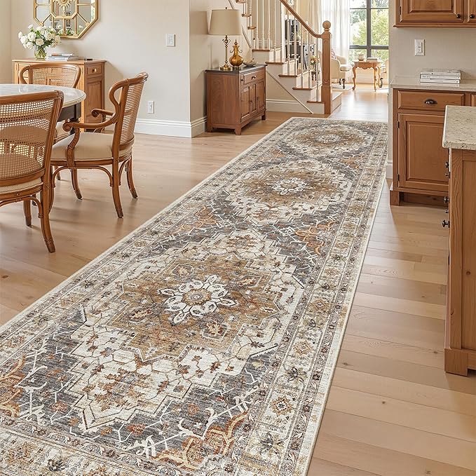 Madane Hallway Rug 3x10, Kitchen Rugs Washable Entryway Rug Vintage Kitchen Runners Non Slip Indoor Area Rug Farmhouse Carpet Runner for Bathroom Living Room Bedroom, Turmeric/Grey