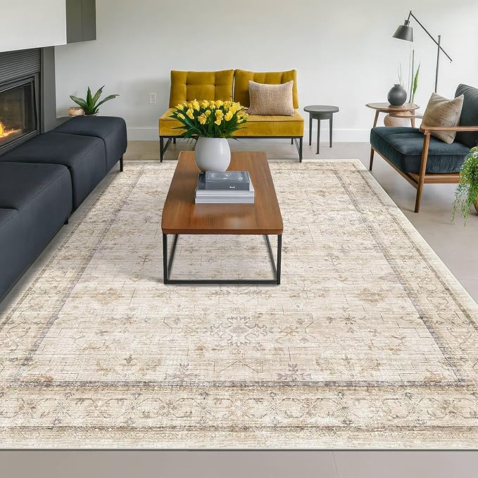 Washable Ivory 6x9 Living Room Rug, Non Slip Dinning Rugs for Under Table, Low Pile Neutral Farmhouse Retro Foldable Carpet for Bedroom, Office