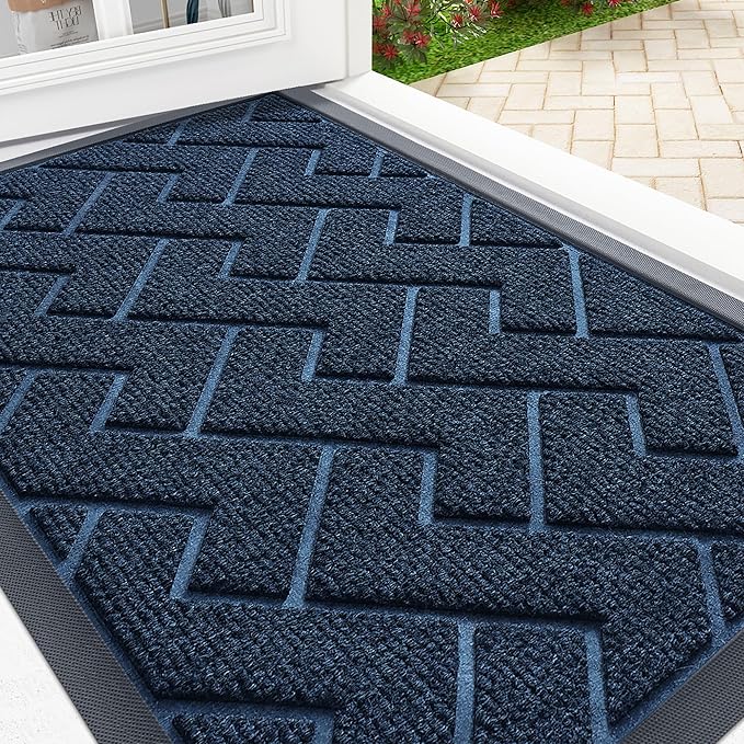 OLANLY Front Door Mat Indoor Outdoor Entrance, Waterproof All-Season, All-Weather Doormat, Sturdy Natural Rubber, Low Profile, Easy Clean Patio Porch Entryway Mat, Herringbone Brick (Blue, 36x24)