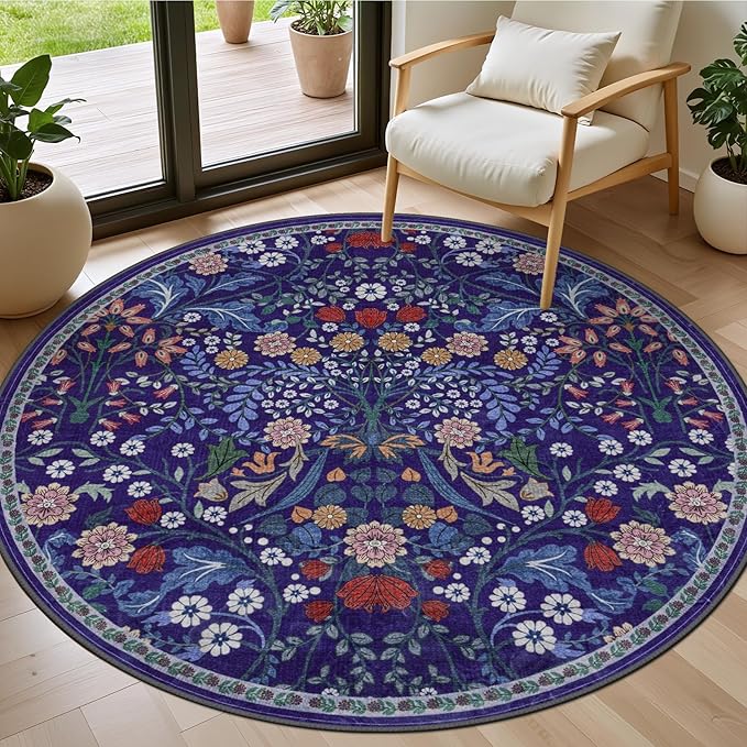Round Area Rug for Living Room: 4 ft Floral Washable Circle Rug Soft Boho Non-Slip Carpet Indoor Stain Resistant Low Pile Small Circular Rug for Bedroom Entryway Kitchen Nursery Home Office Blue