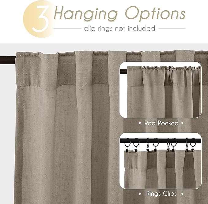 Taupe Linen Curtains 120 inches Long for Living Room Back Tab Rustic Farmhouse Semi Sheer Light Filtering Window Curtain Dining Room Soft Thick Flax Linen Textured Drapes Burlywood Birch Dark Brown