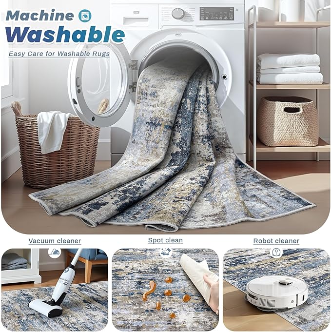 Area Rugs 6x9 for Living Room: Washable Rug Modern Abstract Neutral Soft Non-Slip Low-Pile Indoor Carpet for Bedroom Dining Room Playroom Home Office (Blue Grey Brown, 6'x9')