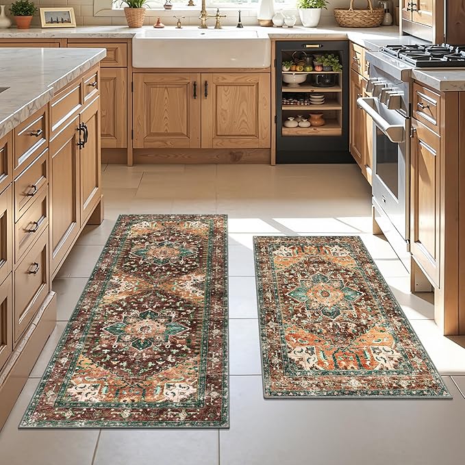 Yamaziot Washable Kitchen Runner Rug Set of 2, Non-Slip Boho Vintage Hallway Rug Runner with Rubber Backing, Stain Resistant & Low Pile Distressed Carpet Runner for Bedroom, Kitchen, Laundry, Entrance
