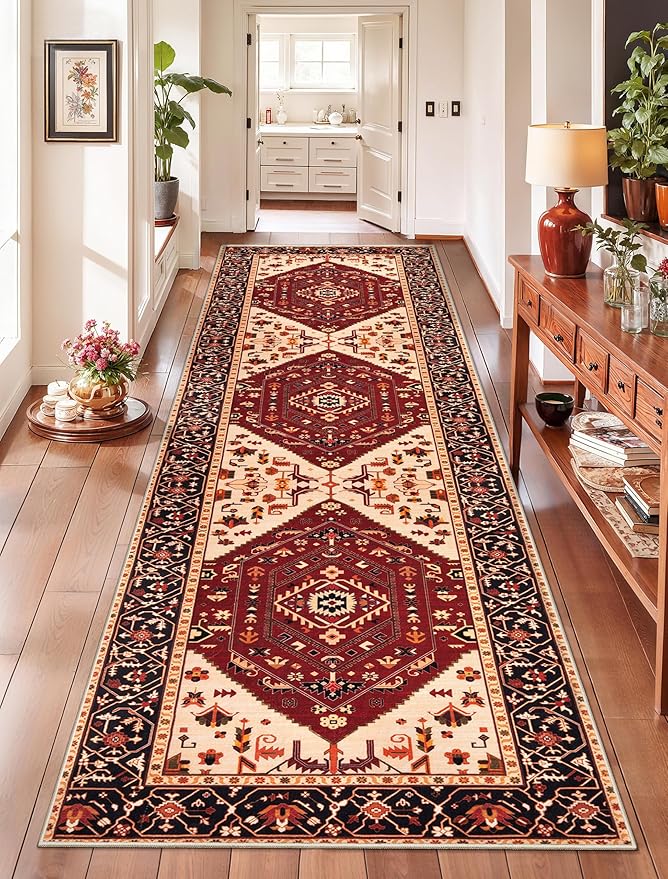 SERISSA Runner Rug for Hallways, 2'6"x8' Washable Non Slip Kitchen Runner Rug, Long Boho Rug Vintage Red Black Hallway Stair Ultra Soft Print Floor Carpet for Bedroom Bathroom Laundry Room
