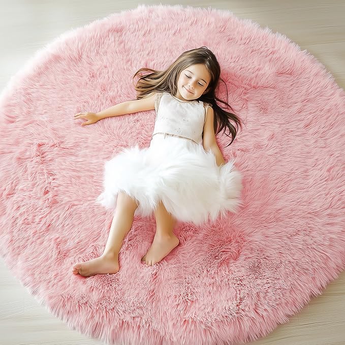 ONASAR Light Pink Round Area Rugs 6ft for Bedroom Living Room, Fluffy Circle Rug for Kids Girls Boys Teen, Soft Plush Shaggy Carpet for Nursery Dorm Classroom Playroom Home Decor Aesthetic