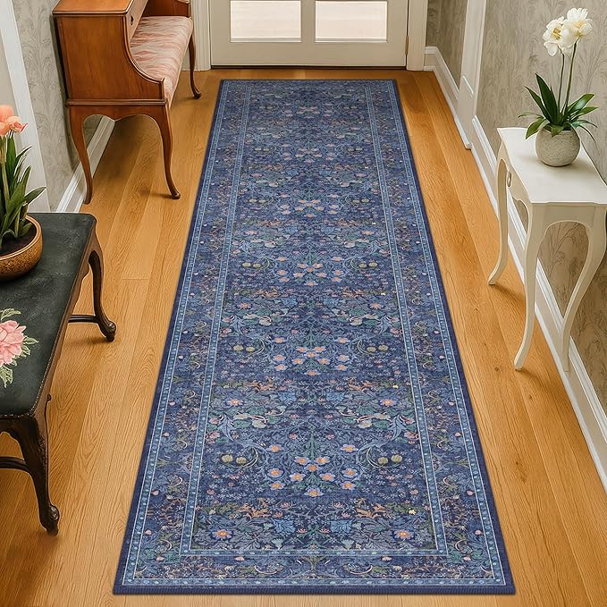 Dark Blue 2x8 Kitchen Runner Rugs - 8ft Long Machine Washable Hallway Runner Non Slip, Floral Pattern Indoor Floor Mats for Entryway, Oriental Floral Design Home Décor