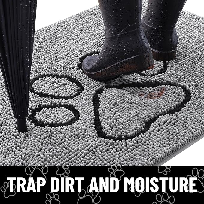 Smiry Dog Door Mat for Muddy Paws, Absorbent Dirt Trapper Non Slip Quick Dry Washable Chenille Mat for Mud Dogs, Entry Rug for Indoor and Outdoor (71x46 Inches, Grey and Black)