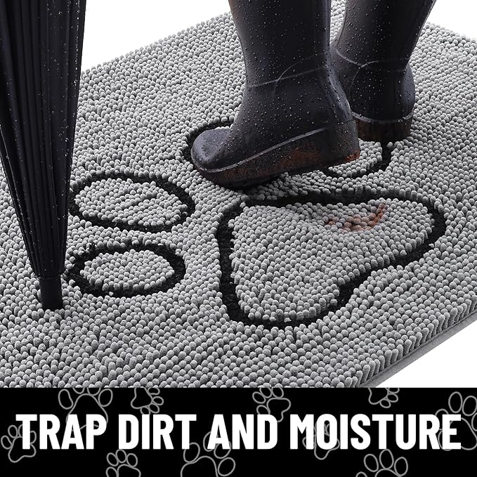 Smiry Dog Door Mat for Muddy Paws, Absorbent Dirt Trapper Non Slip Quick Dry Washable Chenille Mat for Mud Dogs, Entry Rug for Indoor and Outdoor (44x24 Inches, Grey and Black)